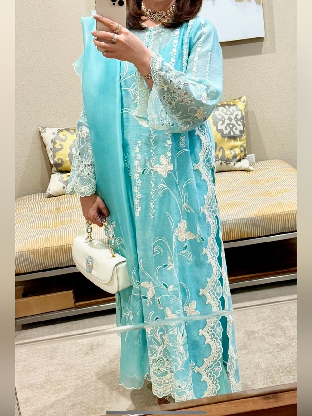 Women's Long Sleeve Embroidered Maxi Dress in Aqua